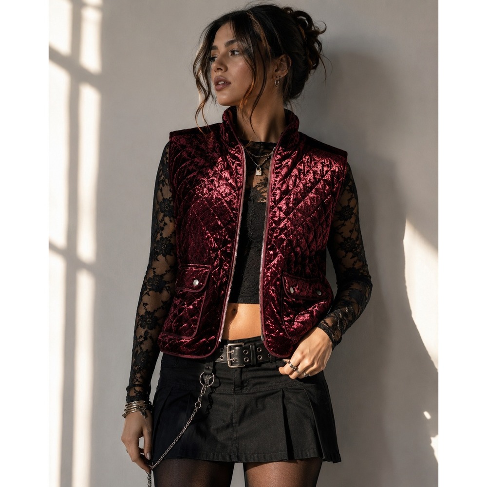 Y2K Burgundy Crushed Velvet Quilted Vest Plus Size 2XL Wet Seal